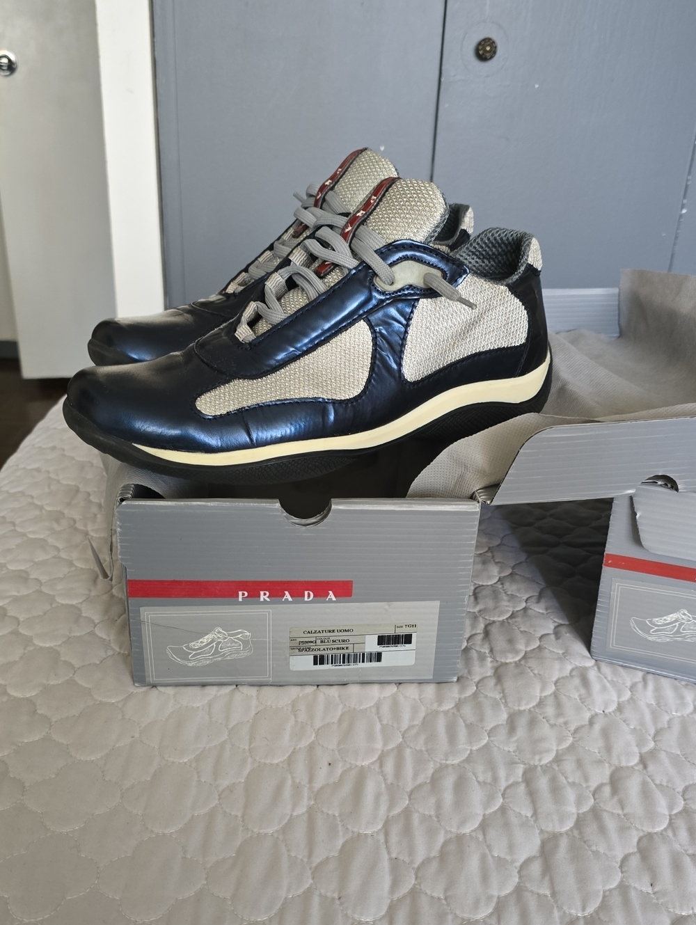 Prada Blue and Silver Mesh Leather Men's Sneakers